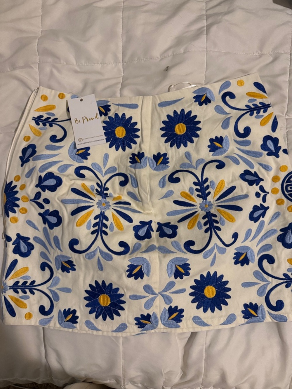 Be Pruel Embroidered White Floral Mini Skirt - Blue & Yellow